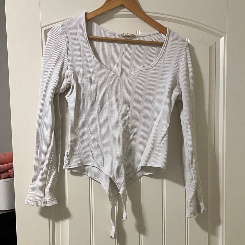 White Ribbed Long Sleeve Women's bodysuit